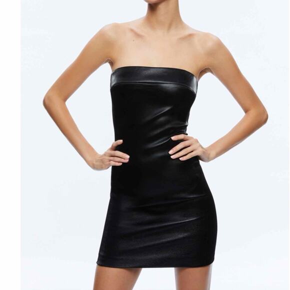 Alice + Olivia Kelly Strapless  Vegan Leather Mini Dress US 0 Black Stretch - Picture 12 of 14